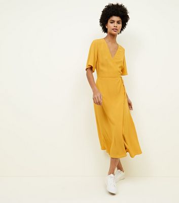 Mustard Yellow Wrap Front Midi Dress | New Look